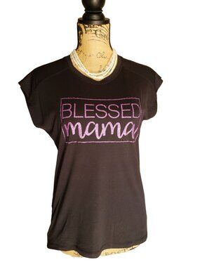 C9 Champion Womens XS Tee Black Blessed Mama Purple Glitter Casual SS Side Zip